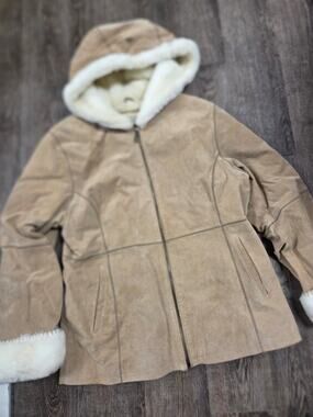 NEW YORK CLASSICS Tan Plush Lined Hood Genuine Suede Leather Coat Jacket Large